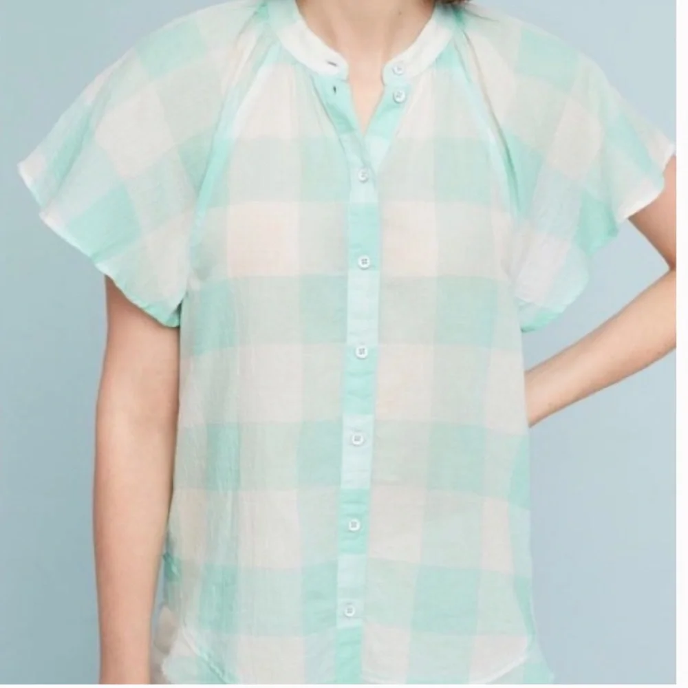 Anthropologie Maeve Short Sleeve Gingham Flutter Top in Mint Sz XS - Picture 1 of 9